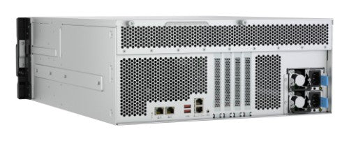 QNAP 4U 24-bay 3.5 SATA HDD NAS - AMD Ryzen 7000 series 8C16T (boost up to 5.3 GHz) - 32GB DDR5 non-ECC RAM (max. 128GB total) - 2x M.2 2280 PCIe Gen5 x2 slots for SSD cache - 2x 10GBASE-T + 2x 2.5 GbE RJ45 - 3 x PCIe Gen 4 expansion slots - 2 x 550W redu