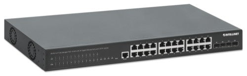 Intellinet 28-Port L2+ Fully Managed PoE+ Switch with 24 Gigabit Ethernet Ports and 4 SFP+ Uplinks IEEE 802.3at/af (PoE+/PoE) Compliant, 370 W PoE Power Budget, Layer 2+/Layer 3 Lite, Four 10G SFP+ Open Slots, Self-Healing Network, 19" Rackmount (with UK
