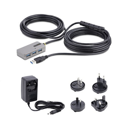 StarTech.com USB Extender Hub, 10m USB 3.0 Extension Cable with 4-Port USB-A Hub, Active/Bus Powered USB Repeater Cable, Optional 20W Power Supply Included, ESD Protection - TAA