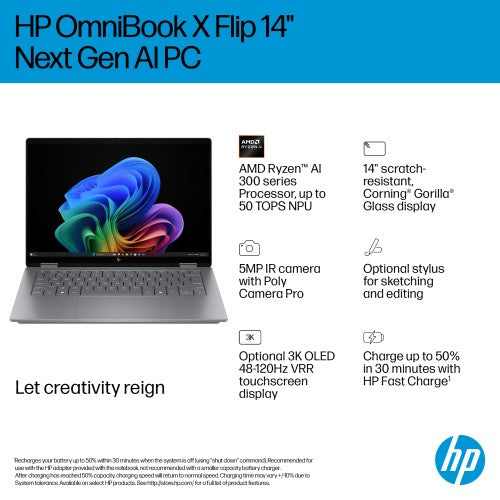 HP OmniBook X FlipNGAI 14-fk0004na Copilot+ PC AMD Ryzen™ AI 5 340 Hybrid (2-in-1) 35.6 cm (14") Touchscreen 2K 16 GB LPDDR5x-SDRAM 512 GB SSD Wi-Fi 7 (802.11be) Windows 11 Home Silver