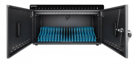 Manhattan iPad to 11" 20-bay Charging Cabinet Desktop via USB-C, Also other tablets and smartphones (with device to USB-C cable), Bays 264x22x235mm, Device charging cables not included (suggest USB-C cable code 356213), Cart, Lockable, EU/UK power cords
