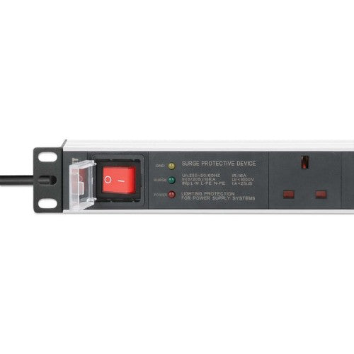 Intellinet 19" 1U PDU 6-way UK, With switch and Surge Protection, Rackmount, Power Distribution Unit, UK 3-pin outlets, 3m power cord, output