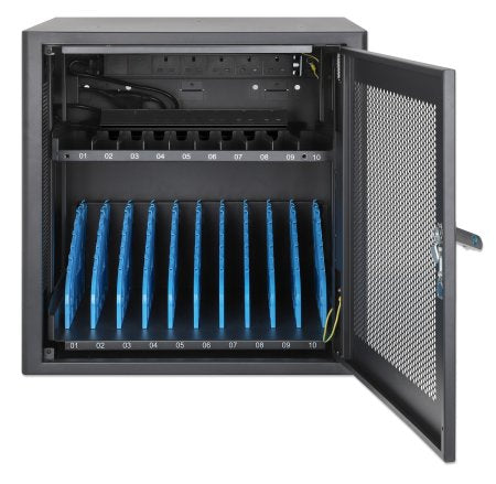 Manhattan Laptop Charging Cabinet Desktop via AC Adapter (UK) x10 Bay, Install device's AC Adapter (power cables) into unit, Suitable for ALL laptops (to 15.6"), iPads, MacBooks, Chromebooks, other USB-C devices, Bays 380x30x280mm, Cart, Lockable