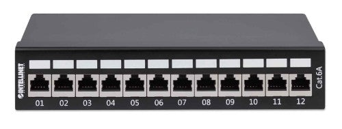 Intellinet Patch Panel, Cat6a, FTP, 12-Port, Desktop, Shielded, 90° Top-Entry Punch Down Blocks, Black