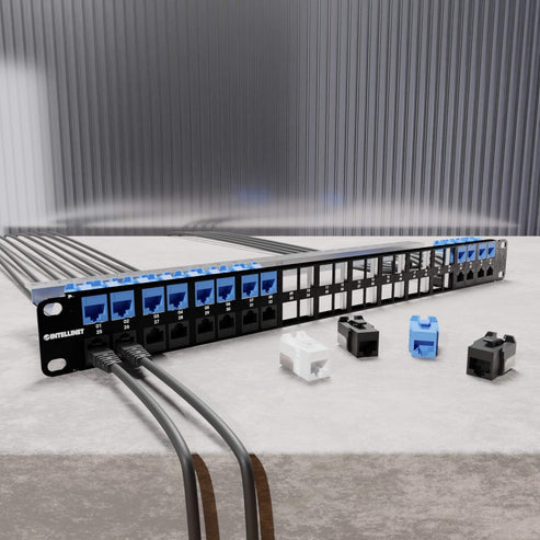 Intellinet 19" 48-Port Shielded Blank Patch Panel, 1U, Unloaded 19-inch Rackmount Keystone Panel for High-density Installations, Removable Cable-Management Bar, Black