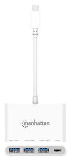 Manhattan USB-C Dock/Hub, Ports (4): USB-A (x3) and USB-C, 5 Gbps (USB 3.2 Gen1 aka USB 3.0), With Power Delivery (100W) to USB-C Port (Note additional USB-C wall charger and USB-C cable needed), Universal for all devices, SuperSpeed USB, White, PD