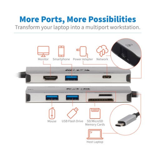 Tripp Lite U442-DOCK5-GY USB-C Dock - 4K HDMI, USB 3.x (5Gbps), USB-A/C Hub Ports, GbE, Memory Card, 100W PD Charging