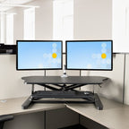 StarTech.com Corner Sit Stand Desk Converter with Keyboard Tray - Large Surface (35" x 21") - Height Adjustable Ergonomic Desktop/Tabletop Standing Workstation - Supports Dual Monitors - TAA