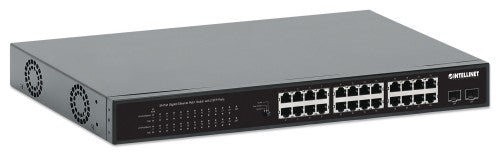 Intellinet 24-Port Gigabit Ethernet PoE+ Switch with 2 SFP Ports IEEE 802.3at/af (PoE+/PoE) Compliant, PoE Power Budget of 370 W, Two 1G SFP Open Slots, 19" Rackmount (with UK power cord)