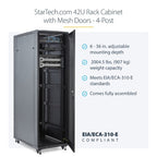 StarTech.com 4-Post 42U Server Rack Cabinet, 19" Data Rack Cabinet for Computer / AV / IT Equipment mount, Rack Server Enclosure with Casters, Full Size Industrial Network Storage