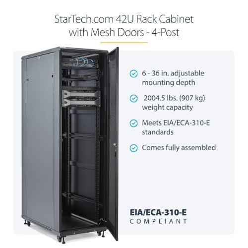 StarTech.com 4-Post 42U Server Rack Cabinet, 19" Data Rack Cabinet for Computer / AV / IT Equipment mount, Rack Server Enclosure with Casters, Full Size Industrial Network Storage