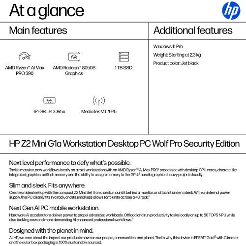 HP Z2 G1a Wolf Pro Security Edition Copilot+ PC AMD Ryzen AI Max PRO 390 64 GB LPDDR5x-SDRAM 1 TB SSD Windows 11 Pro Mini PC Workstation AI Workstation, AI PC Black
