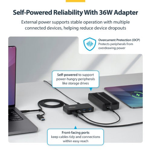 StarTech.com 4-Port USB-C and USB-A Hub, 5Gbps, Self-Powered, 2-in-1 USB-C and USB-A Host Cable, 1x USB-C and 3x USB-A (1x BC 1.2), 36W Power Adapter Included