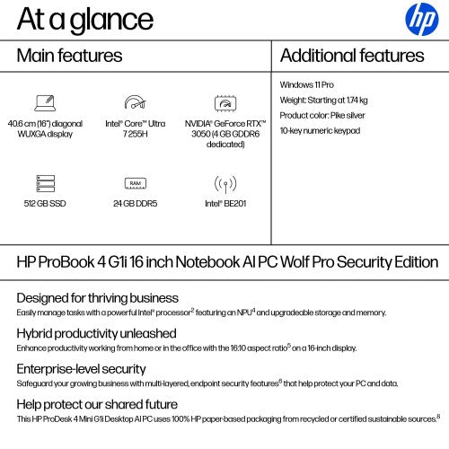 HP ProBook 4 G1i AI Wolf Pro Security Edition Intel Core Ultra 7 255H Laptop 40.6 cm (16") WUXGA 24 GB DDR5-SDRAM 512 GB SSD Wi-Fi 7 (802.11be) Windows 11 Pro AI PC Silver