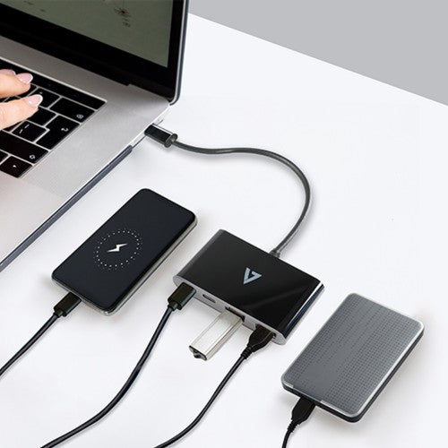 V7 USB-C Male to 2 x USB A Female, 2 x USB-C Female Hub USB 3.2 Gen1 5Gbps Black