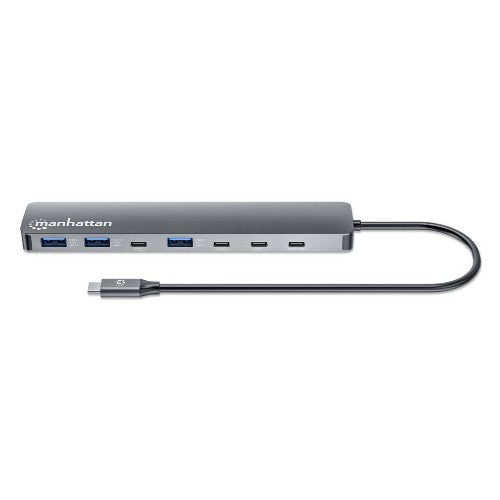 Manhattan USB-C Dock/Hub, Ports (x7): USB-A (x3) and USB-C (x4), With Power Delivery (100W) to USB-C Port (Note additional USB-C wall charger and USB-C cable needed), USB 3.2 Gen 2, All Ports can be used at the same time, Universal, Aluminium, Space Grey