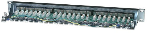 Intellinet Patch Panel, Cat6, FTP, 24-Port, 1U, Shielded, 90° Top-Entry Punch-Down Blocks, Black