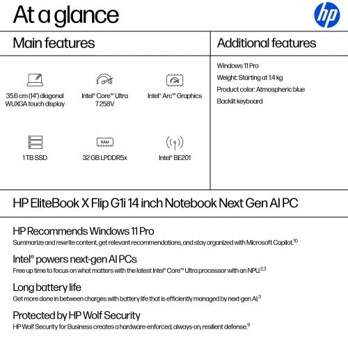 HP EliteBook X Flip G1i Next Gen AI PC Copilot+ PC Intel Core Ultra 7 258V Hybrid (2-in-1) 35.6 cm (14") Touchscreen WUXGA 32 GB LPDDR5x-SDRAM 1 TB SSD Wi-Fi 7 (802.11be) Windows 11 Pro Blue