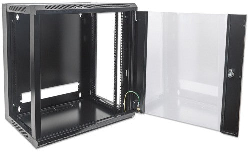 Intellinet 19" Network Cabinet - Wall Mount (Standard), 9U, 600mm Deep, Black, Flatpack, Max 60kg, Suitable also for use on desk or floor, Usable Depth 410mm, Metal & Glass Door, Back Panel, Removeable Sides, Parts for wall install (eg screws/rawl plugs)