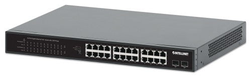 Intellinet 24-Port Gigabit Ethernet PoE+ Switch with 2 SFP Ports IEEE 802.3at/af (PoE+/PoE) Compliant, PoE Power Budget of 370 W, Two 1G SFP Open Slots, 19" Rackmount (with UK power cord)