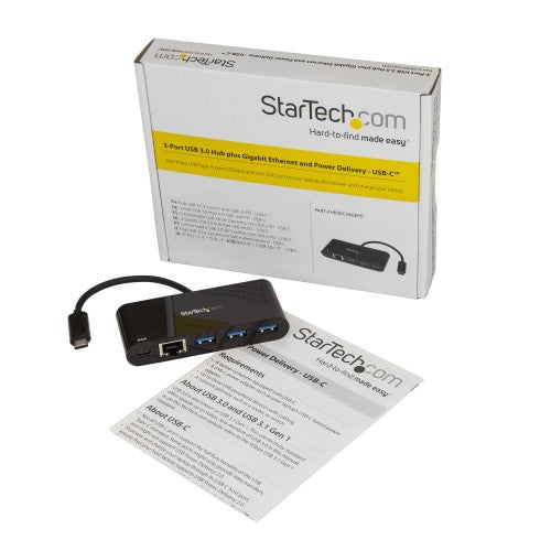 StarTech.com 3 Port USB-C Hub with Gigabit Ethernet & 60W Power Delivery Passthrough Laptop Charging - USB-C to 3x USB-A (USB 3.0 SuperSpeed 5Gbps) - USB 3.2 Gen 1 Type-C Adapter Hub