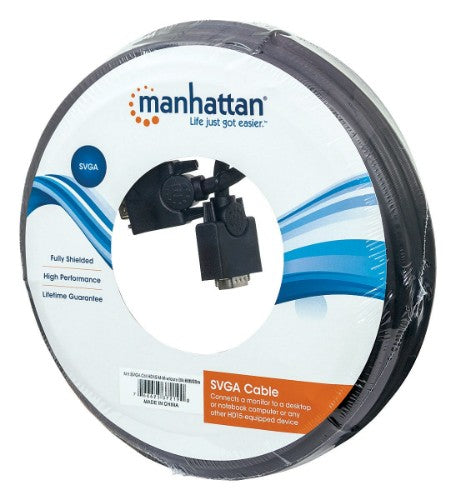 Manhattan VGA Monitor Cable (with Ferrite Cores), 20m, Black, Male to Male, HD15, Cable of higher SVGA Specification (fully compatible), Shielding with Ferrite Cores helps minimise EMI interference for improved video transmission, Lifetime Warranty