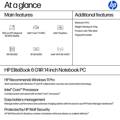 HP EliteBook 6 G1iR Intel Core 5 120U Laptop 35.6 cm (14") WUXGA 16 GB DDR5-SDRAM 512 GB SSD Wi-Fi 6E (802.11ax) Windows 11 Pro Silver