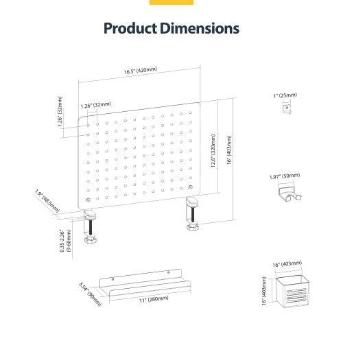 StarTech.com Clamp-On Pegboard with Accessories, 16.5 x 12.5in (42 x 32cm), Steel Pegboard, Desktop Storage Organizer, Desk Mount Peg Board, Black
