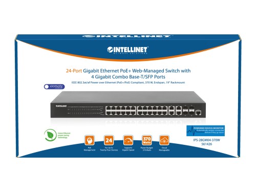 Intellinet 24-Port Gigabit Ethernet PoE+ Web-Managed Switch with 4 Gigabit Combo Base-T/SFP Ports, IEEE 802.3at/af Power over Ethernet (PoE+/PoE) Compliant, 370 W, Endspan, 19" Rackmount (with UK power cord)