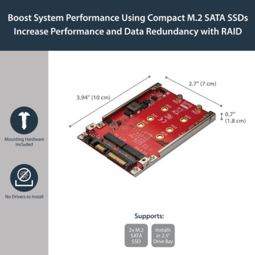 StarTech.com M.2 to SATA Adapter for M.2 SATA SSDs, Dual Slot M2 Drive Host Adapter/Converter with RAID Support, 2.5-Inch Drive Form Factor, TAA
