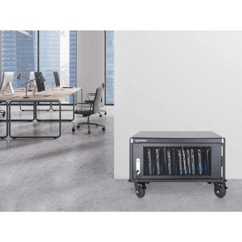 Manhattan Laptop Charging Cabinet Desktop via AC Adapter (UK) x20 Bay, Install device's AC Adapter (power cables) into unit, Suitable for ALL laptops (to 15.6"), iPads, MacBooks, Chromebooks, other USB-C devices, Bays 380x30x280mm, Cart, Lockable