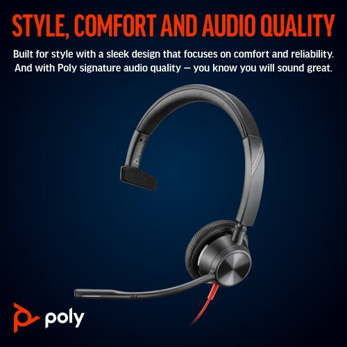 HP Poly Blackwire 3315 Monaural USB-C Headset +3.5mm Plug +USB-C/A Adapter