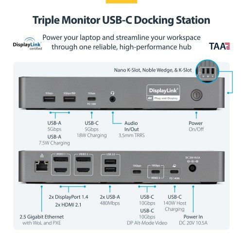 StarTech.com Triple-Monitor USB-C Docking Station, 140W Laptop Charging Dock for MacBook Pro and Windows, 4K 60Hz HDMI or DisplayPort, TAA