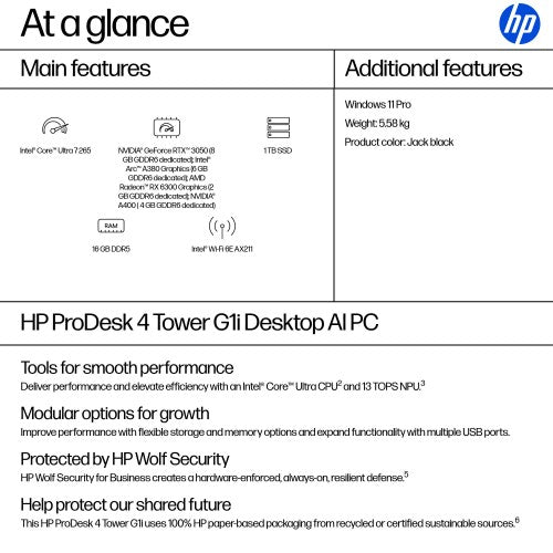 HP ProDesk 4 Tower G1i Desktop AI PC Intel Core Ultra 7 265 16 GB DDR5-SDRAM 1 TB SSD Windows 11 Pro Black