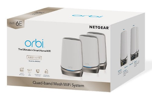 NETGEAR Orbi Quad-band RBKE963 AXE11000 WiFi 6E Mesh System Quad-band (2.4 GHz / 5 GHz-1 / 5 GHz-2 / 6 GHz) Wi-Fi 6 (802.11ax) Grey, White 16 Internal