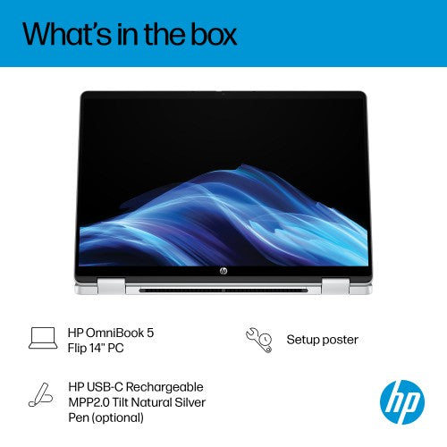 HP OmniBook 5 Flip 2-in-1 Laptop 14-fp0001nax Intel® Core™ i5 i5-1334U 35.6 cm (14") Touchscreen 2K 16 GB LPDDR5-SDRAM 512 GB SSD Wi-Fi 6 (802.11ax) Windows 11 Home Silver
