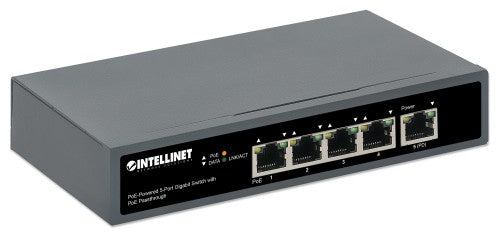 Intellinet 5-Port Gigabit Switch with PoE Passthrough, One IEEE 802.3bt (PoE++ / 4PPoE) PD PoE Port with 95 W Power Input, Four PSE PoE ports, PoE Power Budget up to 65 W, IEEE 802.3at/af Compliant Output, Desktop, Wall-mount Option (UK Power cord)