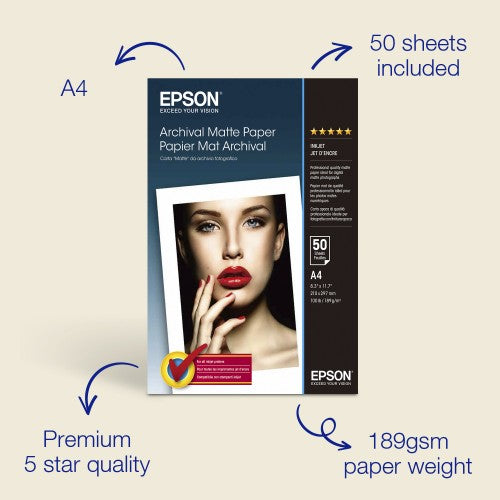 Epson A4 Archival Matte Photo Paper 189gsm, 50 sheets