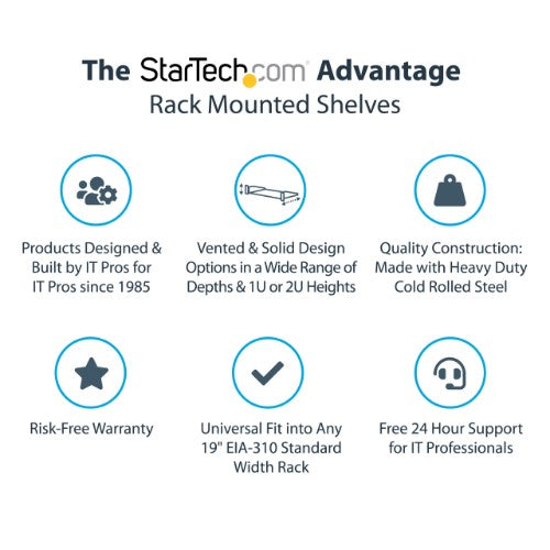 StarTech.com 2U Server Rack Shelf - Universal Vented Rack Mount Cantilever Tray for 19" Network Equipment Rack & Cabinet - Heavy Duty Steel - Weight Capacity 50lb/23kg - 16" Deep Shelf, Black