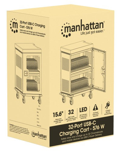 Manhattan iPad to 13", MacBook Air to 15" & Chromebook 15.6" 32-bay Charging Trolley/Cart via USB-C, Also other tablets/smartphones (with device to USB-C cable), Bays 404x27.6x283mm,Device charging cables not included (suggest USB-C cable 356213),Cabinet