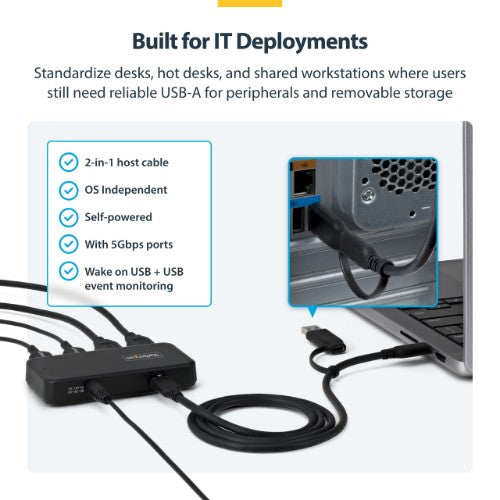 StarTech.com 4-Port USB-A Hub, 5Gbps, Self-Powered, 2-in-1 USB-C and USB-A Host Cable, 1x BC 1.2 Charging Port, 24W Power Adapter Included, MacBook and Windows