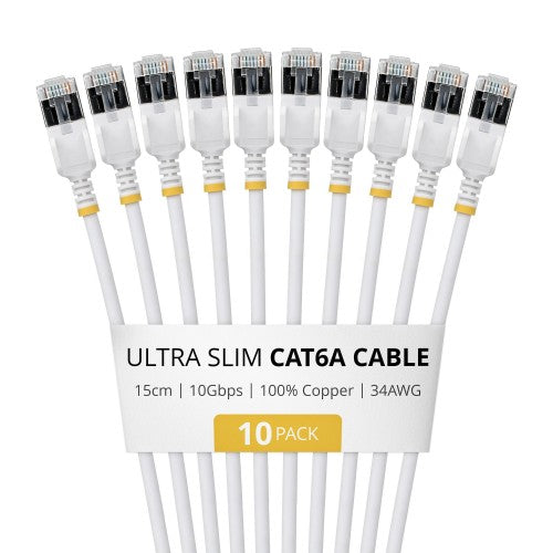 StarTech.com 15cm White Ultra Slim Cat6A Ethernet Cable, 10 Pack, Snagless, FTP, Pure Bare Copper Wire, 34AWG Ultra Slim RJ45 Network Patch Cord, Individually Tested