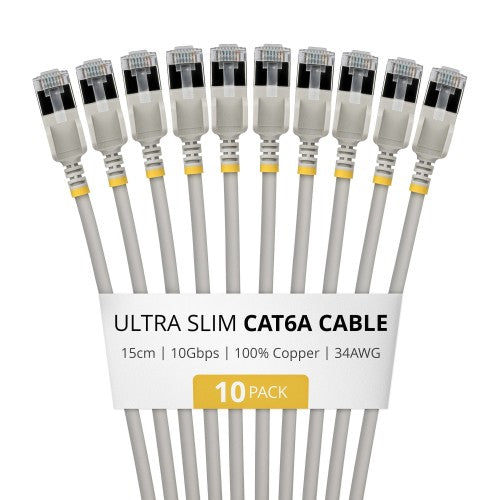 StarTech.com 15cm Gray Ultra Slim Cat6A Ethernet Cable, 10 Pack, Snagless, FTP, Pure Bare Copper Wire, 34AWG Ultra Slim RJ45 Network Patch Cord, Individually Tested