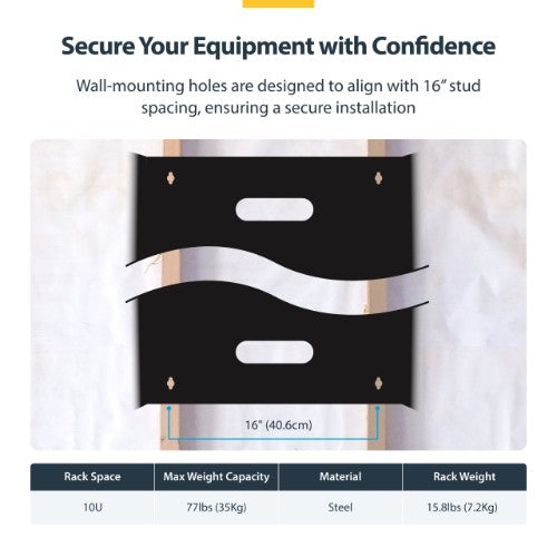 StarTech.com 10U Wall Mount Network Rack - 14" (35.5cm) Deep (Low Profile), 19" Patch Panel Bracket for Shallow Server, IT Equipment, Network Switches - 77lbs/35kg Weight Cap., Black