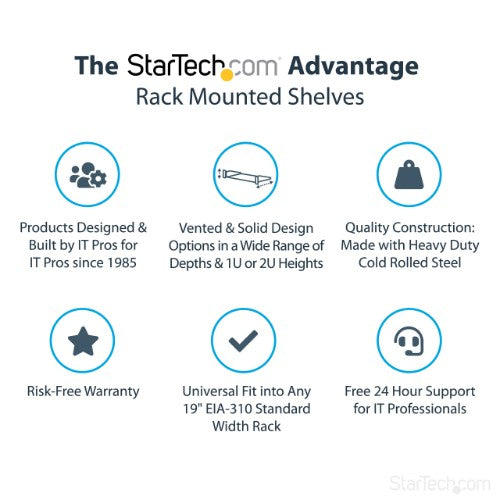 StarTech.com 1U Fixed Server Rack Mount Shelf - 10in Deep Steel Universal Cantilever Tray for 19" AV/ Network Equipment Rack - Heavy Duty Steel - Weight Capacity 44lbs/20kg, Black