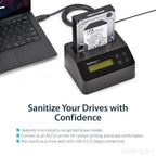 StarTech.com Single Bay Hard Drive Eraser, Standalone HDD/SSD Sanitizer, USB 3.0 to SATA II (3 Gbps), 9 Erase Modes, LCD Display, Secure Erase Hard Disk Sanitizer Dock, DB-9 Printer Port, TAA Compliant