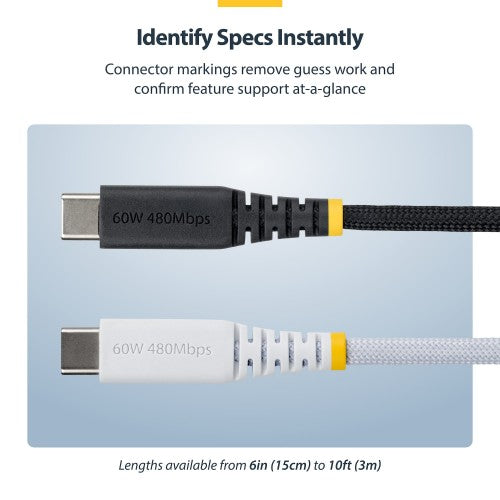 StarTech.com 2m (6ft) USB-C Charging Cable, 60W (3A) PD, Dual-Layer Braided Nylon/TPE Jacket, Rugged USB C Charging Cord, USB 2.0 Laptop Charger Cable