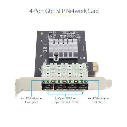 StarTech.com 4-Port GbE SFP Network Card, PCIe 2.0 x2 (x4, x8, x16 Compatible), Intel I350-AM4 4x 1GbE Controller, 1000BASE Copper/Fiber Optic, Desktop/Server Quad-Port Gigabit Ethernet NIC - Windows & Linux