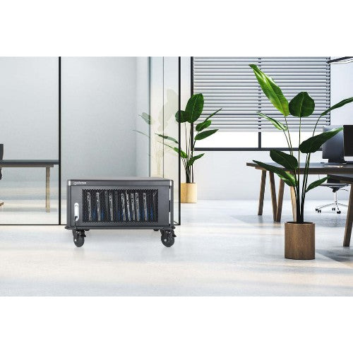 Manhattan Laptop Charging Cabinet Desktop via AC Adapter (UK) x20 Bay, Install device's AC Adapter (power cables) into unit, Suitable for ALL laptops (to 15.6"), iPads, MacBooks, Chromebooks, other USB-C devices, Bays 380x30x280mm, Cart, Lockable