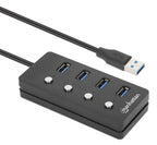 Manhattan USB-C Dock/Hub, Ports (x4) with on/off switch for each port: USB-A (x4), 5 Gbps (USB 3.2 Gen1 aka USB 3.0), Universal for all devices, Bus or AC powered (optional jack, not included), Cable 1.5m, SuperSpeed USB, Black, Three Year Warranty